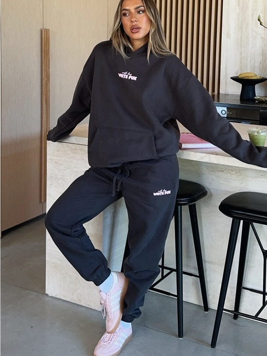 White Fox Boutique Pants - White Fox Boutique charcoal grey Jogger Pants with Pink Logo